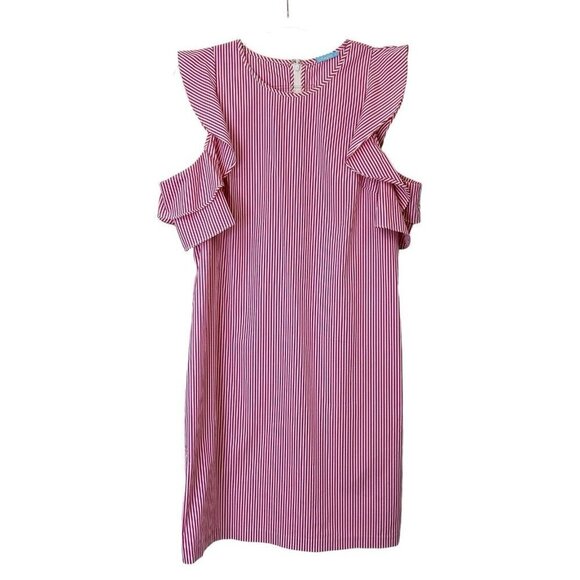 J McLaughlin Cold Shoulder Dress Womens Size Large Pink White Vertical Stripe - Picture 1 of 11